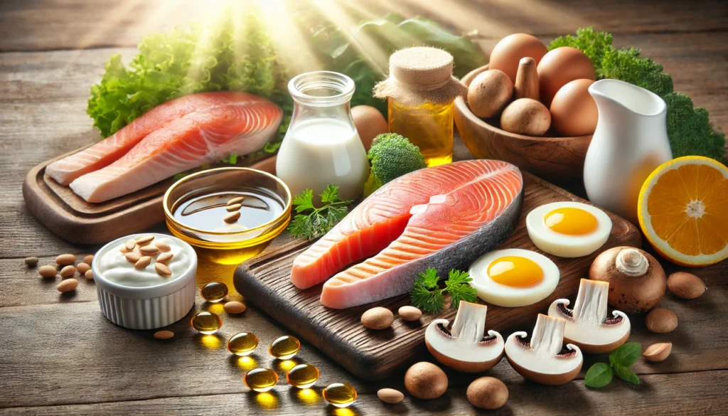 A bright and natural display of Vitamin D-rich foods, including fresh salmon, eggs, mushrooms, and fortified dairy products, arranged on a wooden surface. A small bowl of fish oil capsules represents Vitamin D supplements, with soft sunlight streaming in the background.