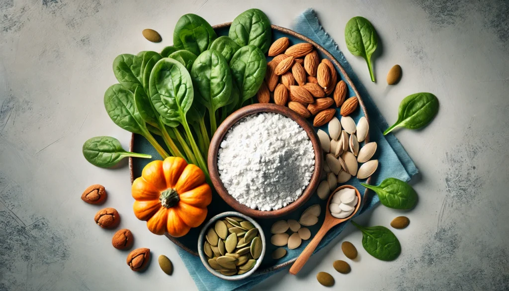 A top-down view of magnesium-rich foods like spinach, almonds, and pumpkin seeds placed next to a small bowl of white magnesium oxide powder, highlighting both dietary and supplemental magnesium sources.