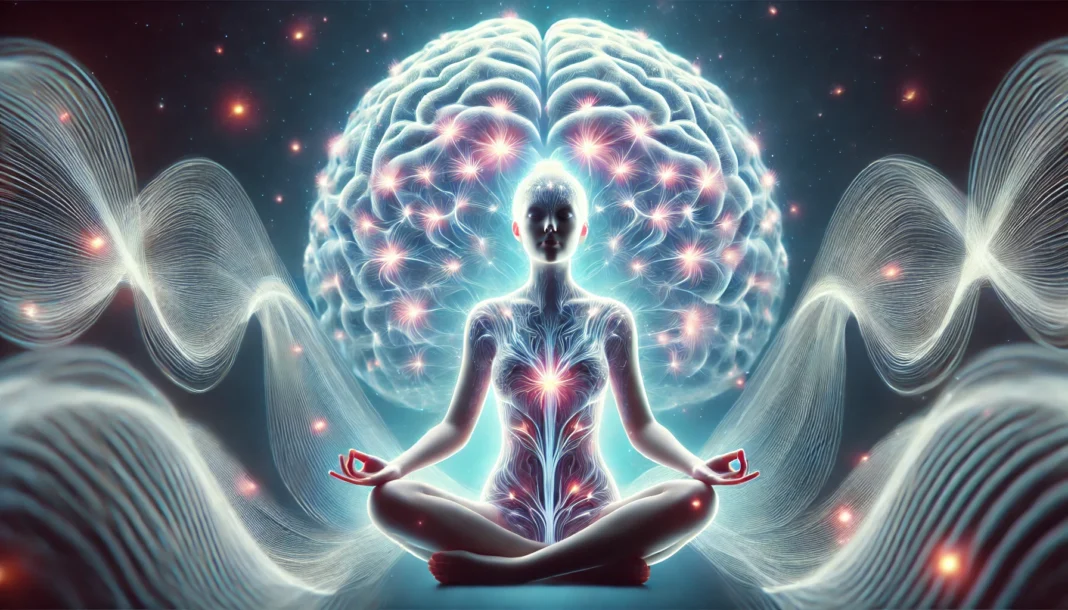 A surreal representation of yoga’s effect on the brain, featuring a meditating woman surrounded by a glowing neural network. Soft energy waves flow around her, symbolizing brain activity, relaxation, and neuroplasticity.