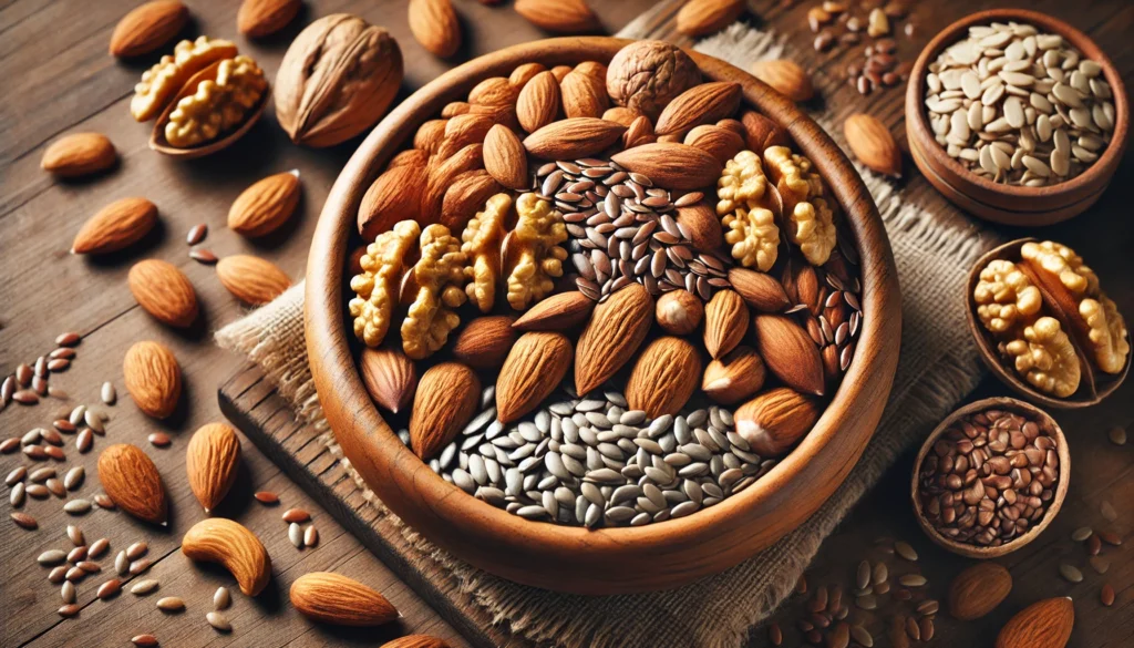 A close-up of a wooden bowl filled with vitamin B-rich nuts and seeds, such as almonds, walnuts, sunflower seeds, and flaxseeds, showcasing their rich textures and earthy tones.