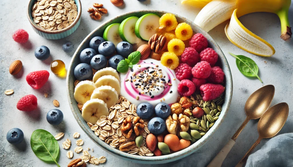 A close-up of a colorful and nutritious breakfast bowl featuring Vitamin B Complex-rich ingredients such as oats, bananas, nuts, yogurt, berries, and seeds, presented in an appetizing and health-focused composition.