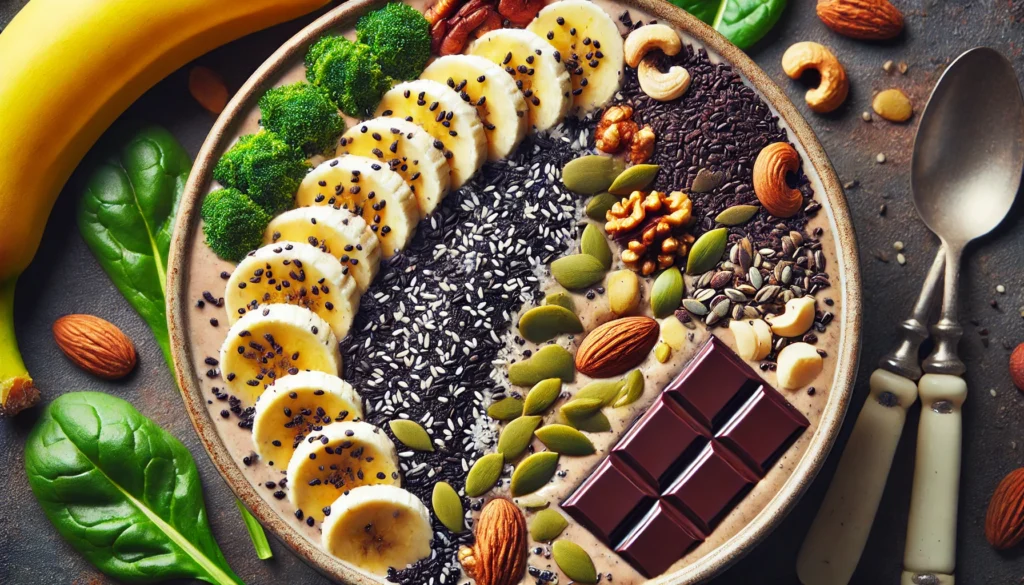 A close-up of a healthy smoothie bowl made with magnesium-rich ingredients, including bananas, nuts, seeds, dark chocolate shavings, and leafy greens, emphasizing nutrient-dense and energy-boosting foods.