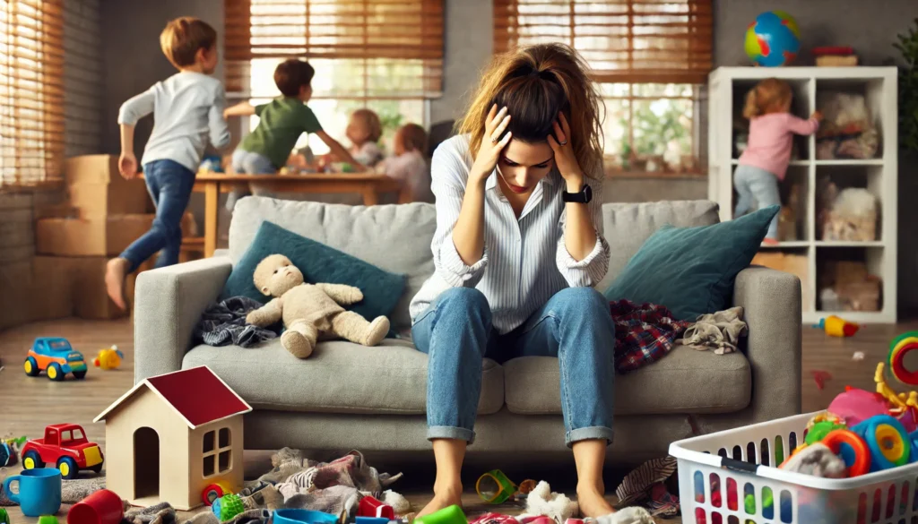 A visibly exhausted mother sits on the couch, holding her head in her hands, surrounded by a cluttered living room. Toys, clothes, and household items are scattered everywhere, while children play chaotically in the background. The dim lighting emphasizes her fatigue and burnout.