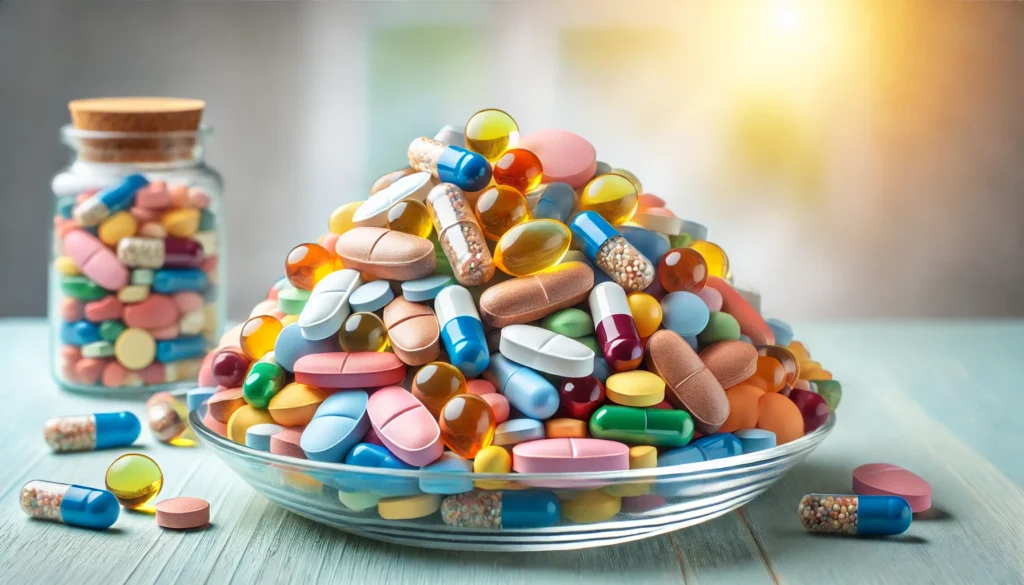 A pile of various vitamin pills and supplements in different colors and shapes, including softgels, tablets, and capsules, placed on a glass dish. The background is softly blurred with bright natural lighting, emphasizing health and well-being.