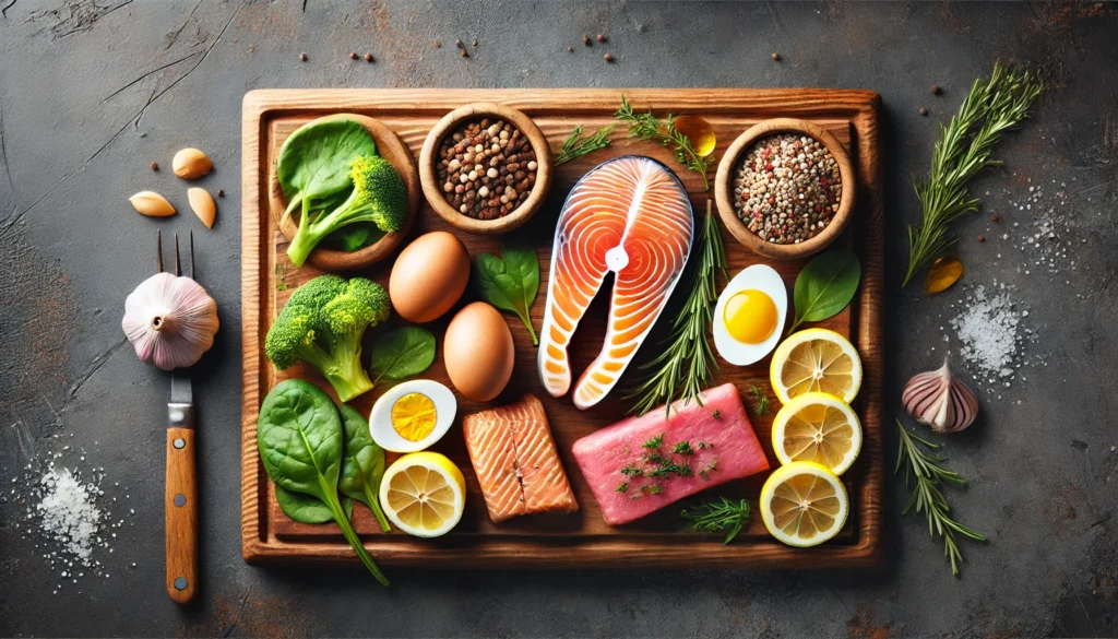 A top-down view of a wooden cutting board featuring vitamin B-rich protein sources such as salmon, eggs, chicken, and lean beef, with fresh herbs and lemon slices for a visually balanced presentation.