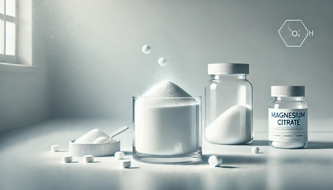 A conceptual image of magnesium citrate powder in a glass container with a minimalist background. The clean and modern scene highlights the fine crystalline texture, symbolizing purity and health benefits.