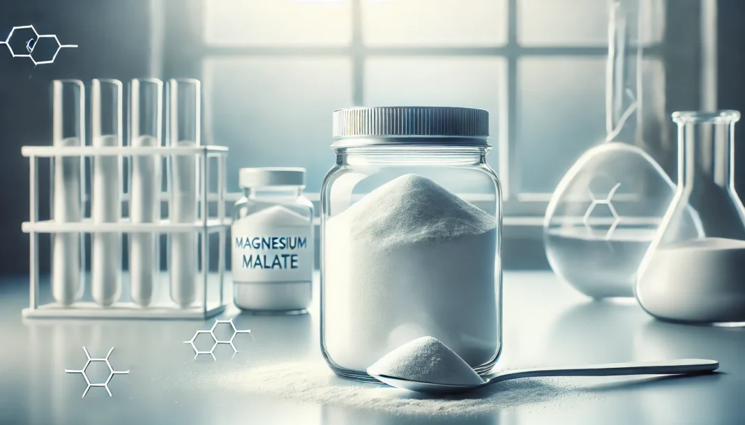 A conceptual image of magnesium malate powder in a glass container with a minimalist background. The clean and modern scene highlights the fine crystalline texture, symbolizing purity and health benefits.