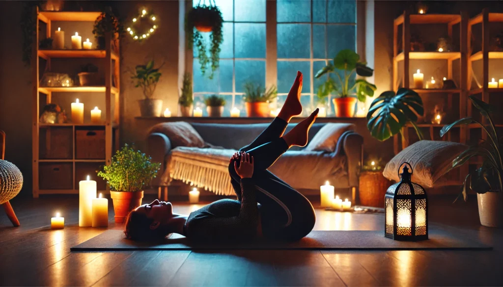 A person practicing the Reclining Bound Angle Pose (Supta Baddha Konasana) on a yoga mat in a peaceful, dimly lit room. They are lying on their back with the soles of their feet together and knees relaxed outward, promoting deep relaxation. The scene includes soft lighting, candles, and indoor plants, enhancing the calming ambiance.