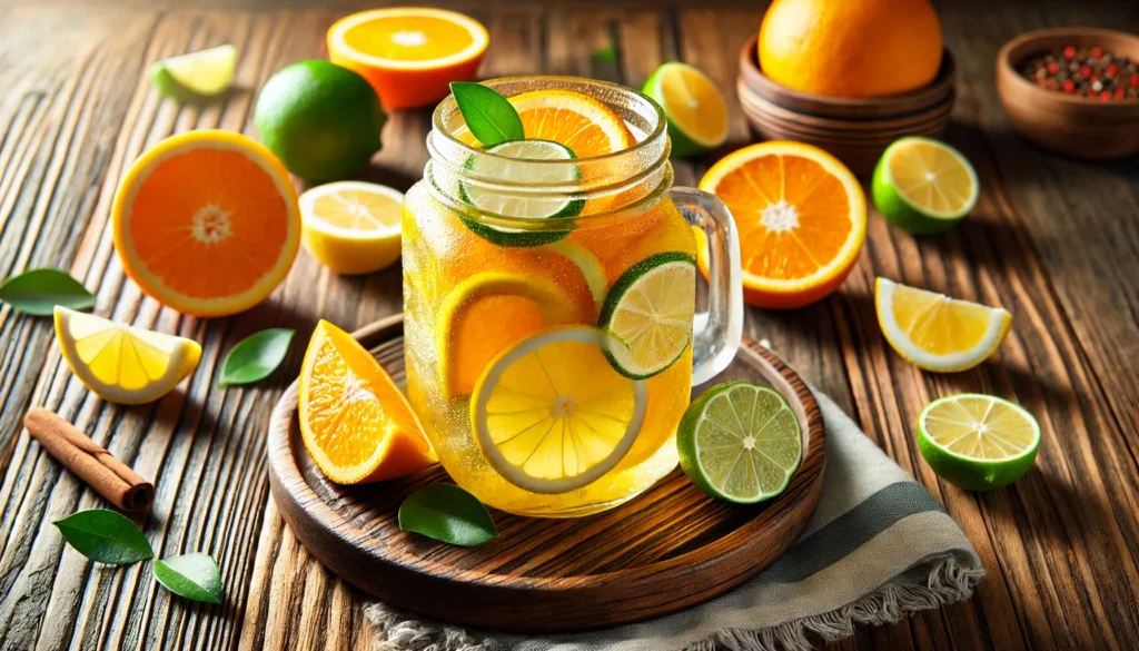 A refreshing citrus-infused drink in a glass jar, surrounded by fresh slices of oranges, lemons, and limes. The condensation on the glass enhances the sense of freshness and natural hydration.