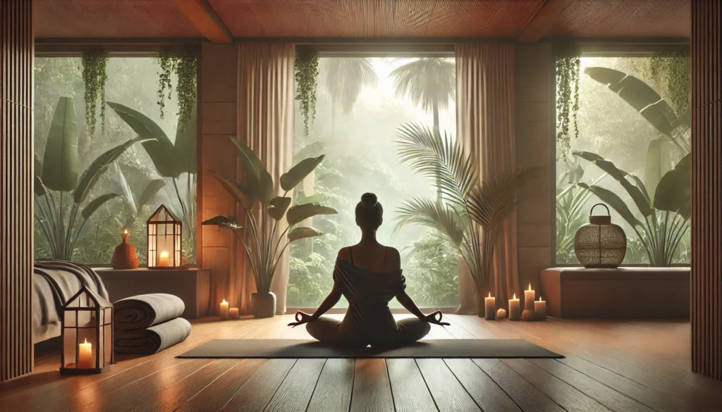 A peaceful yoga session featuring a woman practicing the Sukhasana (Easy Pose) in a cozy indoor setting. The ambiance is warm, with soft lighting and natural textures enhancing the sense of mindfulness and relaxation.