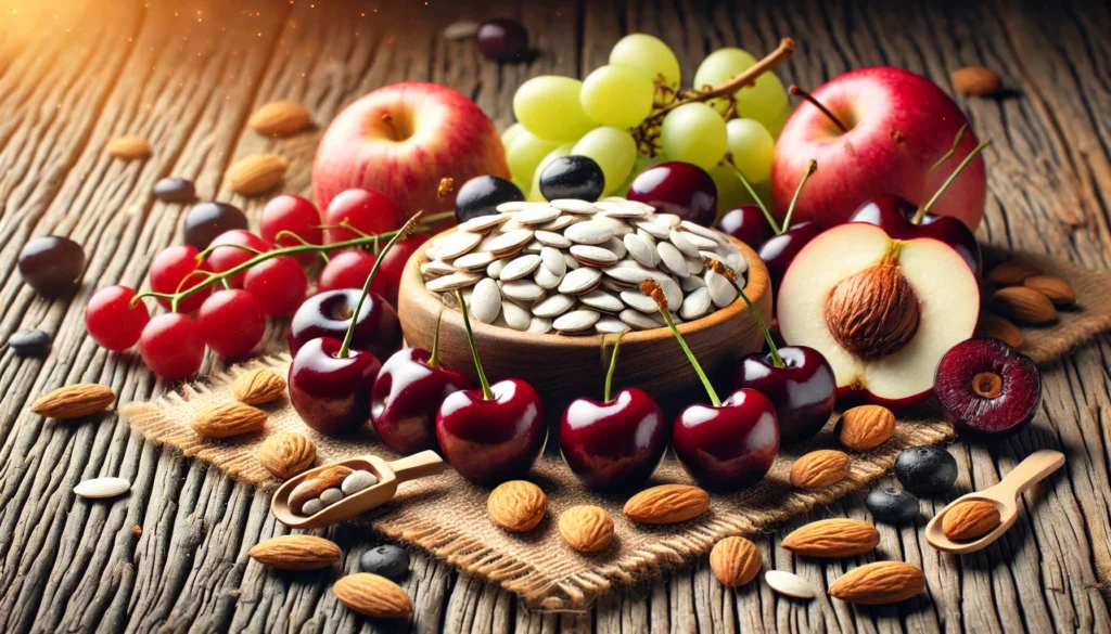 A fresh and natural arrangement of melatonin-rich foods, such as tart cherries, grapes, almonds, and sunflower seeds, displayed on a rustic wooden surface. The soft, warm lighting enhances the natural textures and colors, symbolizing their connection to sleep support.