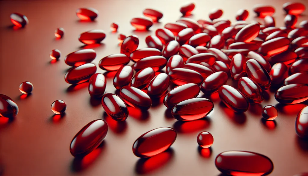 A close-up of red softgel capsules scattered on a smooth surface, emphasizing their rich color, glossy finish, and natural arrangement.