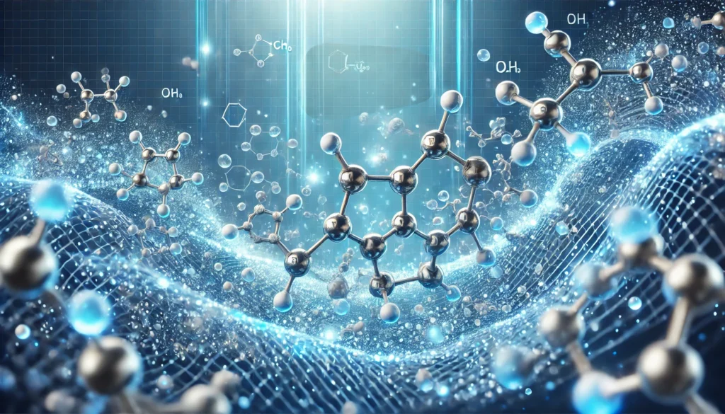 A futuristic depiction of magnesium citrate molecules floating in a glowing blue environment. The molecular structures symbolize the supplement’s role in muscle relaxation and digestive health.