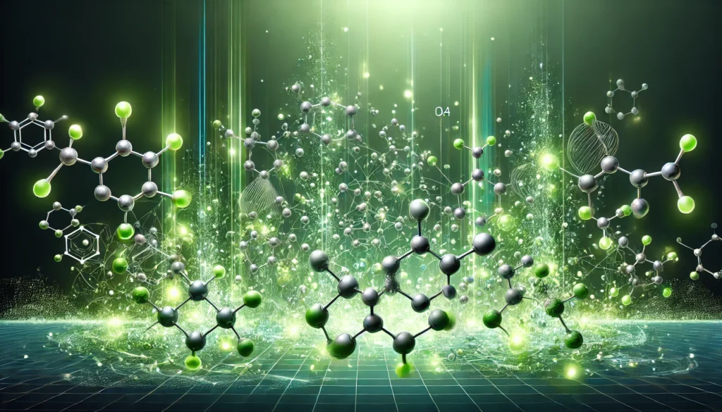 A futuristic depiction of magnesium malate molecules floating in a glowing green environment. The molecular structures symbolize the supplement’s role in energy production and muscle function.