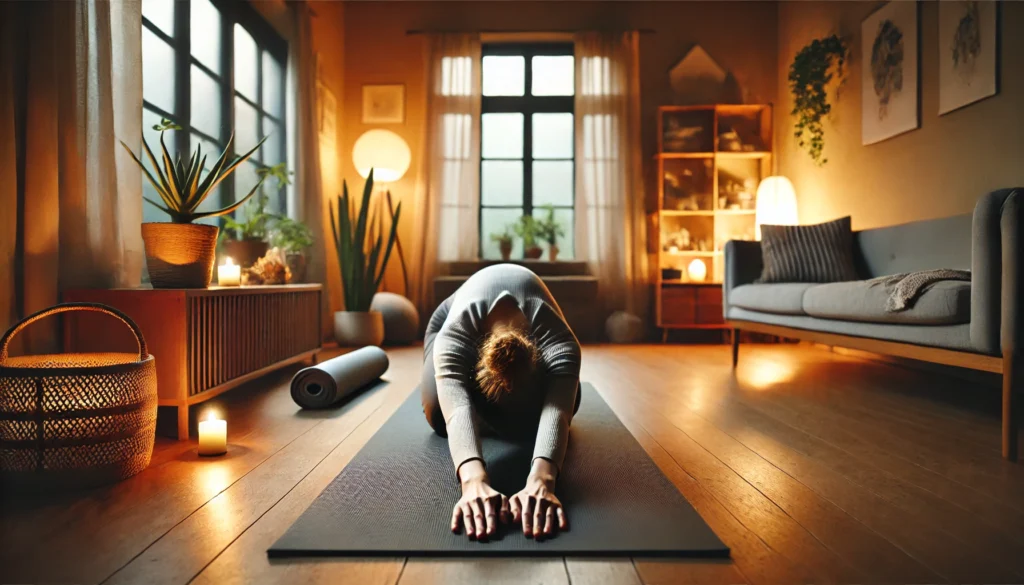 A person practicing the Seated Forward Bend (Paschimottanasana) on a yoga mat in a cozy, softly lit space. They are sitting with legs extended, reaching forward toward their feet in a deep stretch. The room has warm lighting, wooden floors, and indoor plants, creating a soothing and relaxing ambiance.