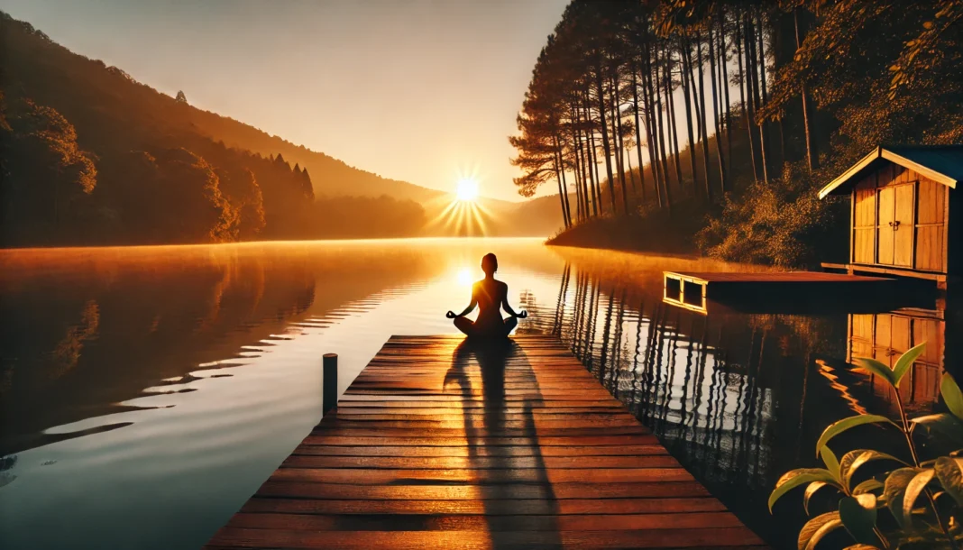 A peaceful lakeside scene at sunset featuring a person practicing yoga in a meditative pose on a wooden dock. The calm water reflects the warm hues of the setting sun, with trees surrounding the area, creating a tranquil atmosphere.