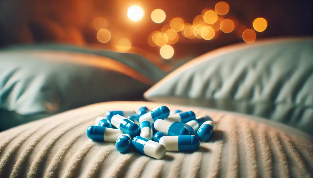 A serene arrangement of blue and white sleep aid capsules resting on a soft pillow. The background is blurred with warm, dim lighting, creating a peaceful and dreamy nighttime ambiance.