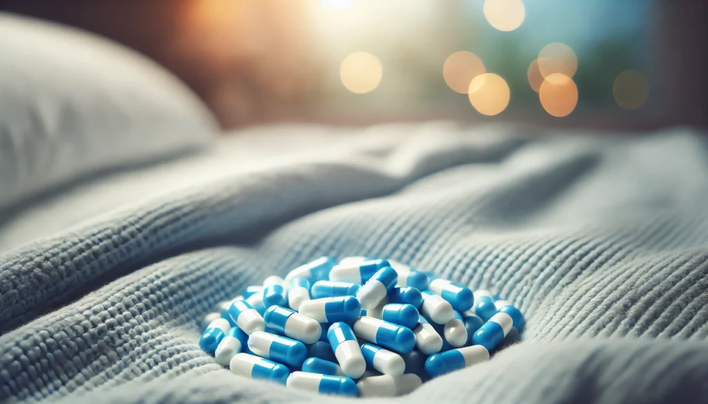 A neatly arranged pile of blue and white sleep aid capsules resting on a plush fabric surface. The softly blurred background with warm lighting enhances the sense of comfort and relaxation, reinforcing the theme of restful sleep.