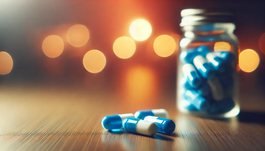 A visually calming arrangement of blue and white sleep aid capsules placed on a smooth wooden surface. The background features soft-focus warm lighting with a subtle nighttime ambiance, creating a restful and peaceful mood.