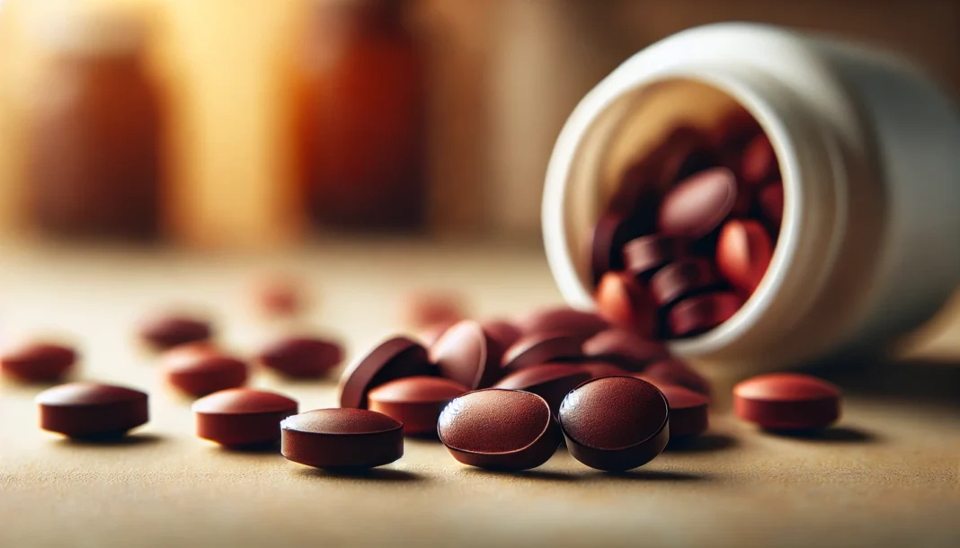 A close-up image of slow-release iron supplement pills, featuring smooth, dark red and brown tablets scattered on a neutral-toned surface. The softly blurred background and warm lighting highlight the rich colors of the iron tablets.