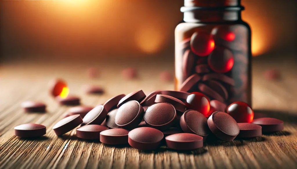 A close-up view of slow-release iron supplement pills, featuring smooth, dark red and brown tablets scattered on a wooden surface. The background is softly blurred, with warm lighting enhancing the rich tones of the iron tablets, evoking a sense of health and vitality. No bottle or container is present in the scene.