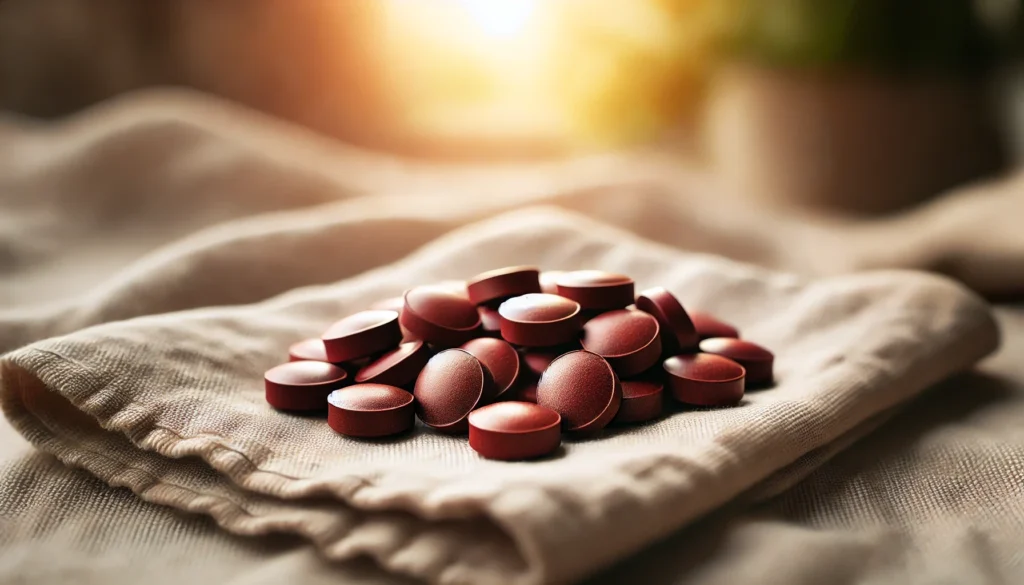 A neatly arranged group of slow-release iron supplement tablets with a smooth dark red and brown coating, placed on a soft fabric surface. The softly blurred background with warm, natural lighting emphasizes health and wellness. No bottle or container is present in the scene.