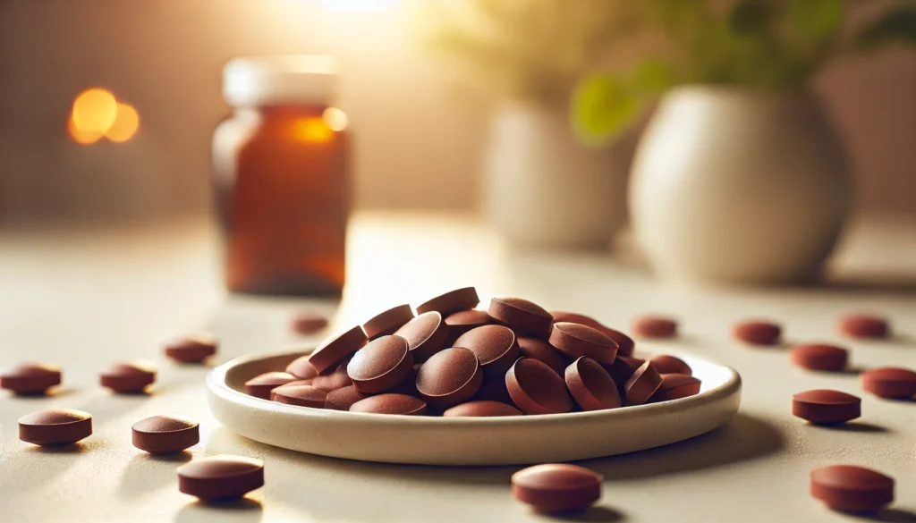 A scattered arrangement of slow-release iron supplement tablets with a smooth dark red and brown coating, placed on a clean white ceramic plate. The background is softly blurred with warm lighting, creating a sense of health and nutrition. No bottle or container is present in the scene.