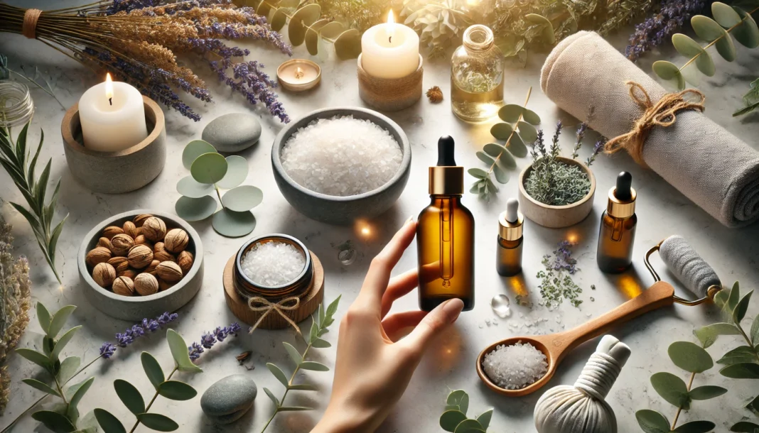 A glass bottle of magnesium oil with a dropper, placed on a serene spa-like setting with smooth stones, eucalyptus leaves, and a small dish of sea salt, creating a relaxing ambiance.