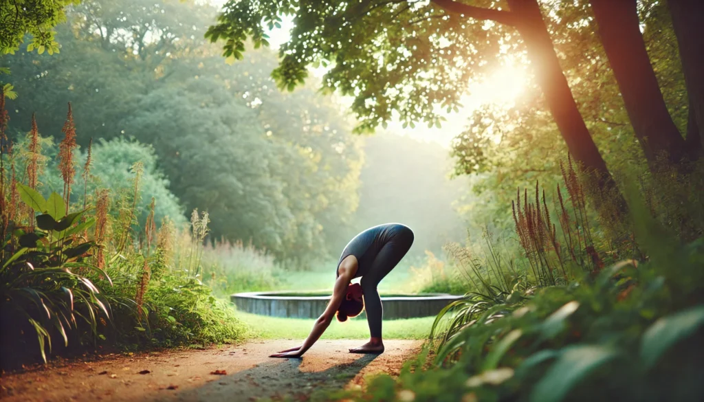 A person practicing the Standing Forward Bend (Uttanasana) outdoors in a tranquil park setting. They are bending forward with their hands reaching toward the ground, stretching their back and hamstrings. The scene is surrounded by lush greenery, soft sunlight, and a peaceful atmosphere, promoting relaxation and stress relief.