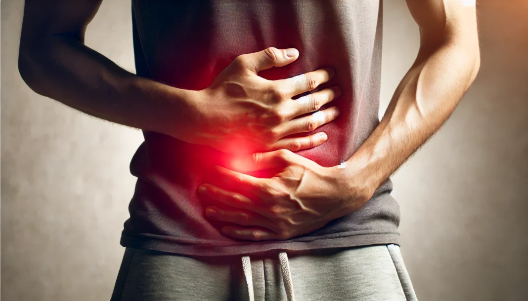 A conceptual image of a person holding their stomach in discomfort, with a subtle glowing red area around the abdomen indicating stomach pain. The neutral background and soft lighting enhance focus on the affected area.