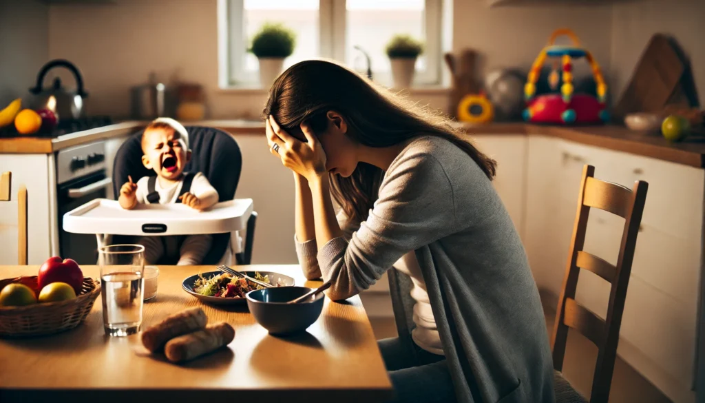 A mother sits at a kitchen table with her head in her hands, surrounded by an unfinished meal, a crying baby in a high chair, and a cluttered counter, illustrating the stress and burnout of parenting.