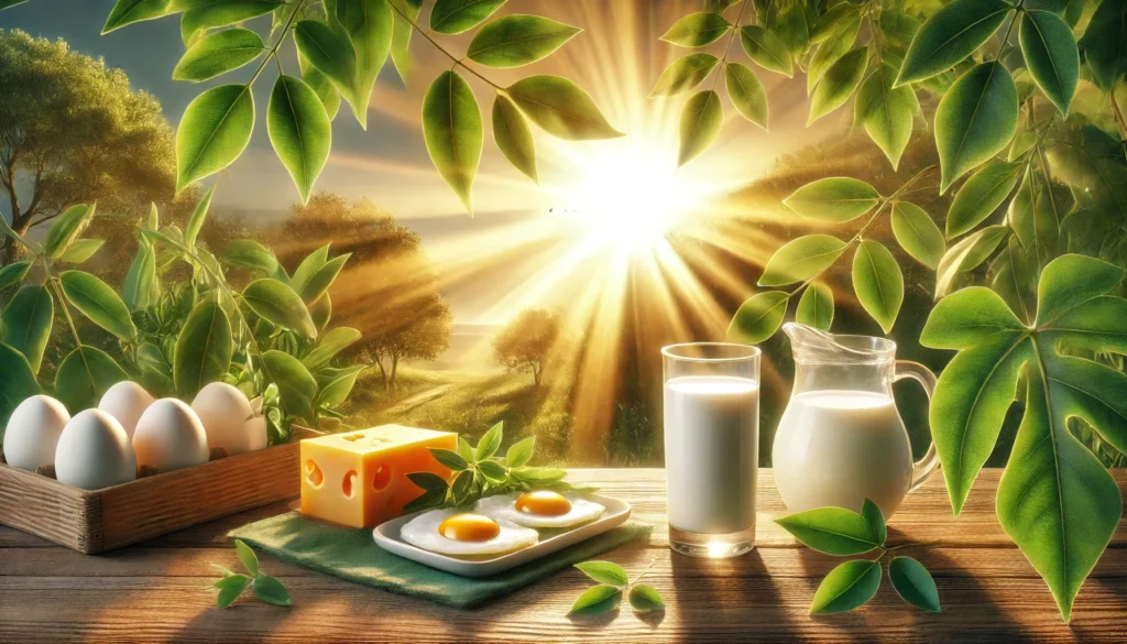 A serene outdoor setting with golden sunlight filtering through green leaves. A glass of milk and a plate of Vitamin D-rich foods, including eggs and cheese, sit on a wooden table, emphasizing the importance of natural sunlight in boosting Vitamin D levels. The image is completely free of any text, logos, or symbolic markings.