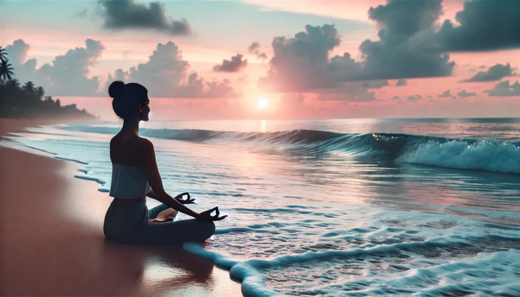 A serene yoga session at sunrise on a peaceful beach, featuring a woman in a seated meditation pose. Gentle ocean waves touch the shore, with pastel hues in the sky enhancing the sense of relaxation and stress relief.