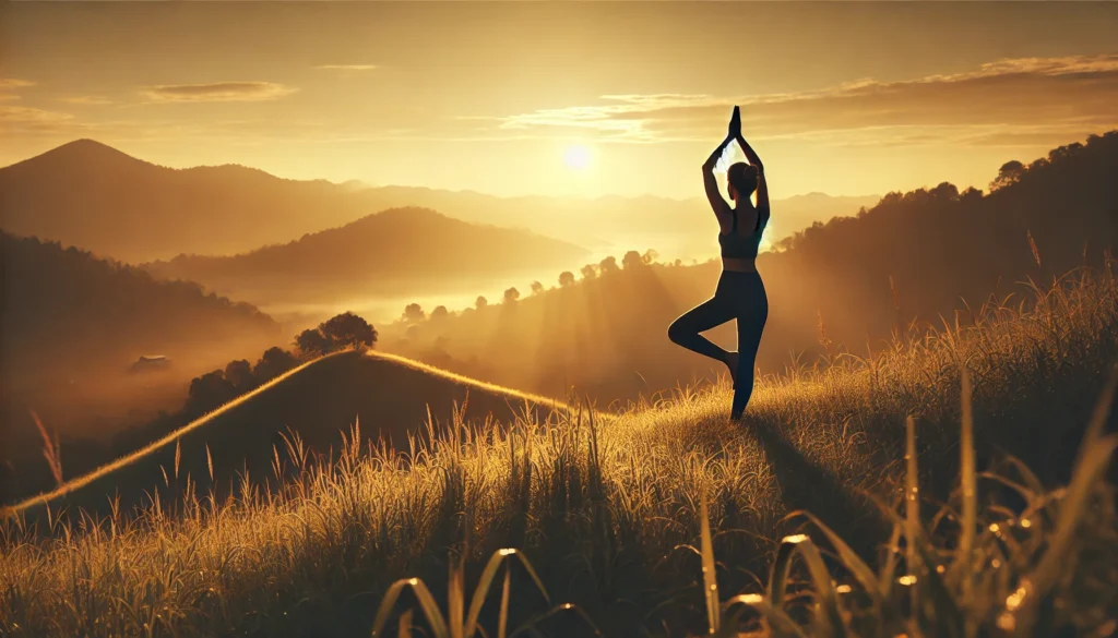 A peaceful yoga session on a grassy hilltop at sunrise, where a woman is practicing a standing mountain pose. The golden morning light casts a warm glow over the landscape, creating a serene atmosphere that helps reduce anxiety and promote inner calm.