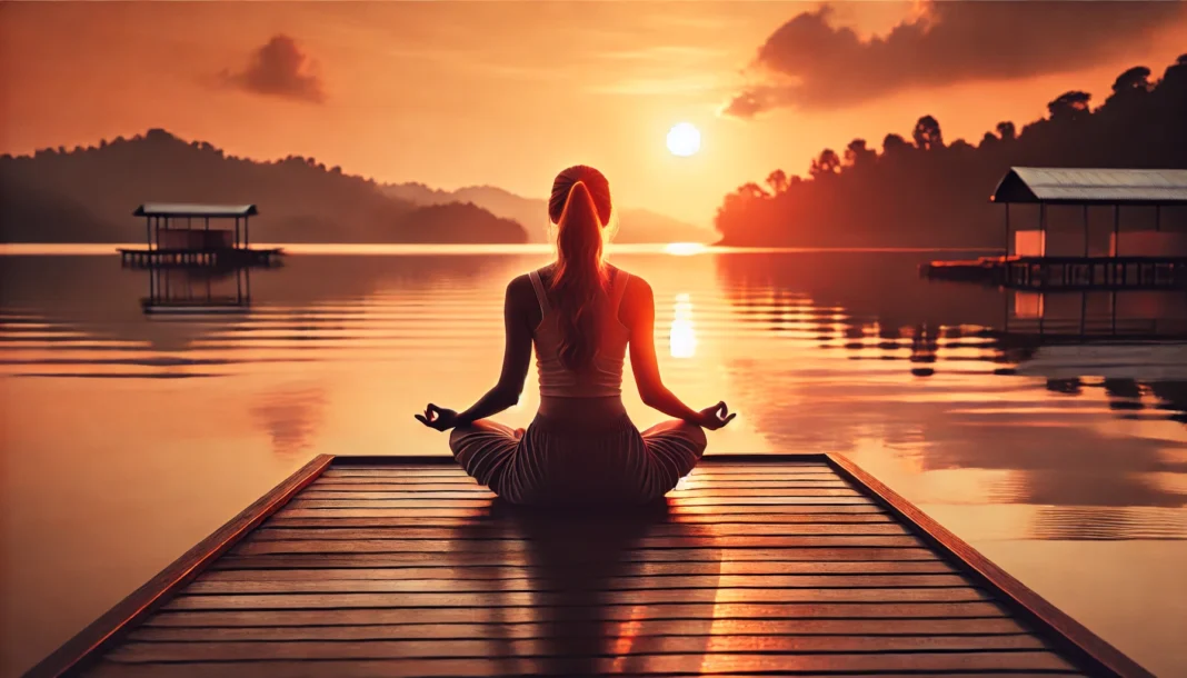 A serene yoga session at sunset on a calm lake dock, featuring a woman practicing a lotus pose. The still water reflects the warm hues of the sky, creating a tranquil and meditative atmosphere that promotes relaxation and anxiety relief.