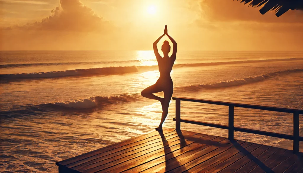 A person practicing yoga by the ocean at sunset, performing a tree pose on a wooden deck overlooking the waves. The golden light of the setting sun reflects on the water, enhancing the sense of inner peace and emotional balance.