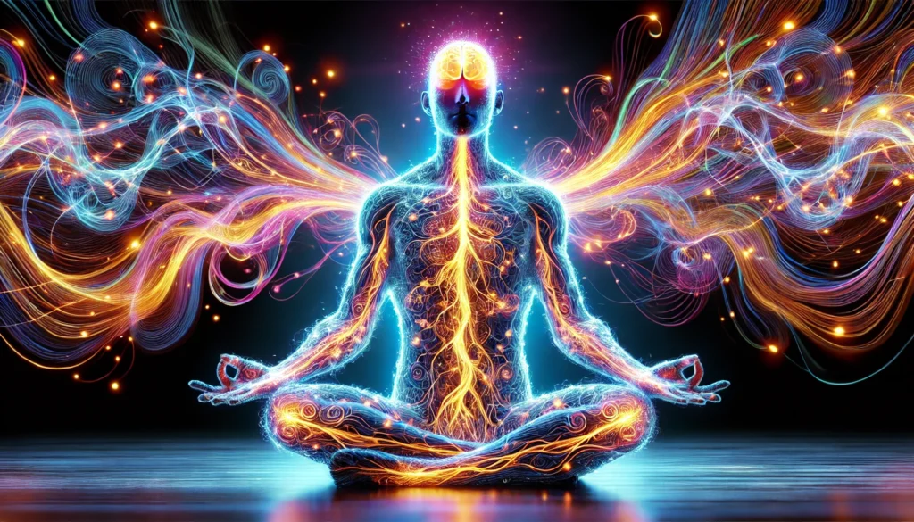 A glowing human silhouette in a meditative pose, with vibrant energy patterns flowing through the brain and body. The image represents the neural and physiological effects of yoga, including stress relief, cognitive enhancement, and emotional balance.