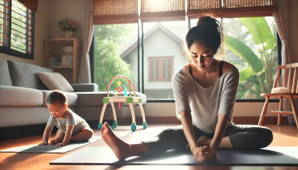 A tired mother practices yoga on a mat in a cozy living room while her baby plays nearby. She looks exhausted but focuses on a calming stretch to regain energy. Sunlight filters through the window, adding to the peaceful and refreshing atmosphere.