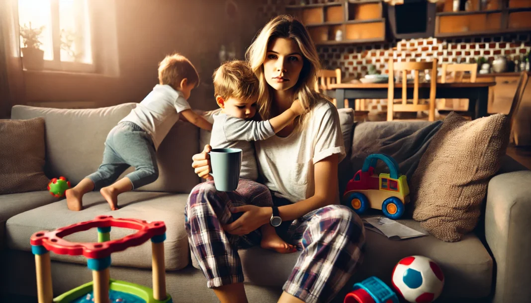 A tired mother sits on a couch, holding a coffee cup while her toddler climbs on her. The living room is slightly messy with scattered toys, showing a relatable moment of exhaustion and brief self-care.