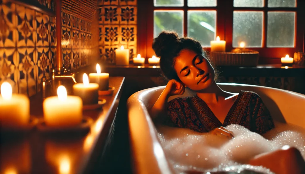 A tired mother enjoys a relaxing bath in a candlelit bathroom. The atmosphere is warm and soothing, with bubbles in the tub and soft lighting creating a peaceful escape. She leans back with her eyes closed, taking a rare moment of self-care.