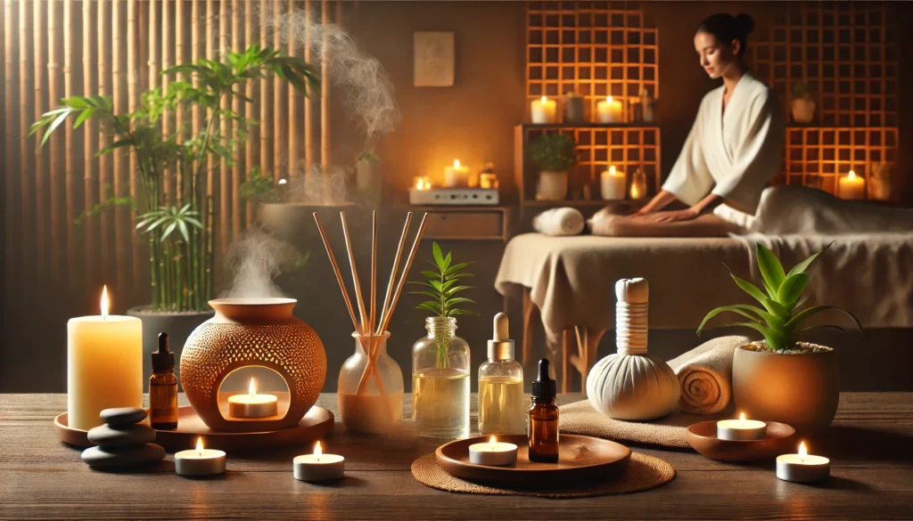 A peaceful spa environment featuring a person enjoying a relaxing aromatherapy session. The scene includes a massage table, soft candlelight, warm towels, and essential oil diffusers emitting a gentle mist. Bamboo plants and a small indoor water fountain in the background enhance the serene ambiance.