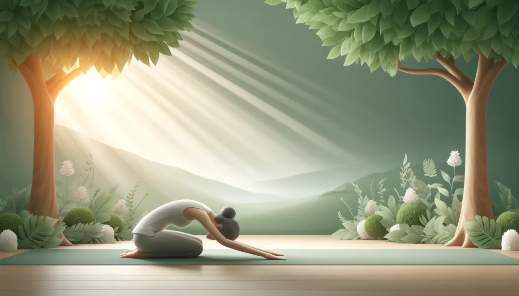 A serene yoga scene featuring a woman practicing Child’s Pose (Balasana) in a peaceful outdoor environment. The setting includes lush greenery and soft natural lighting, creating a calming and meditative atmosphere.