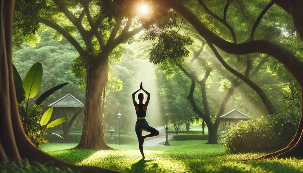 A person practicing the Tree Pose (Vrikshasana) outdoors in a peaceful park. They are balancing on one leg with hands pressed together above their head, surrounded by lush greenery and soft sunlight filtering through the trees, creating a calm and uplifting atmosphere, ideal for reducing stress and improving focus.