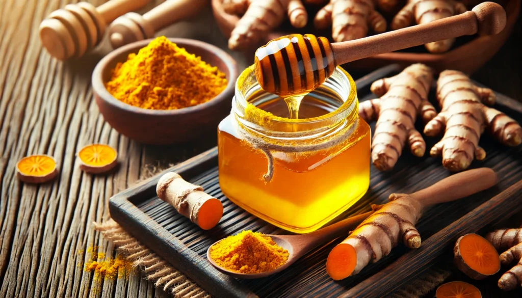 A golden stream of turmeric-infused honey drizzling from a wooden honey dipper into a glass jar. Surrounding the jar are fresh turmeric roots, a dish of turmeric powder, and a wooden spoon resting on a rustic wooden surface.