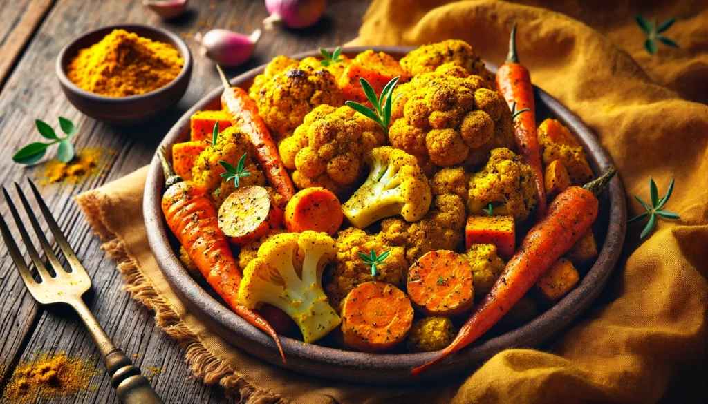 A rustic ceramic bowl filled with golden roasted vegetables, including cauliflower, carrots, and sweet potatoes, all coated in a rich turmeric spice blend. The dish is garnished with fresh herbs, highlighting the vibrant hues of turmeric against the deep roasted tones of the vegetables.