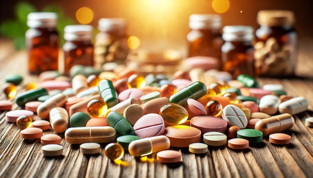 A variety of multivitamin tablets and capsules spread across a wooden surface. The collection includes different shapes, colors, and textures, such as softgels, coated tablets, and round pills. The background is softly blurred with warm lighting, creating a sense of wellness and nutrition.