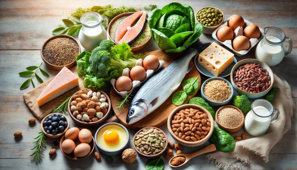 A visually appealing assortment of vitamin B complex-rich foods, including eggs, dairy, whole grains, nuts, leafy greens, fish, and legumes, arranged on a wooden table with soft natural lighting.