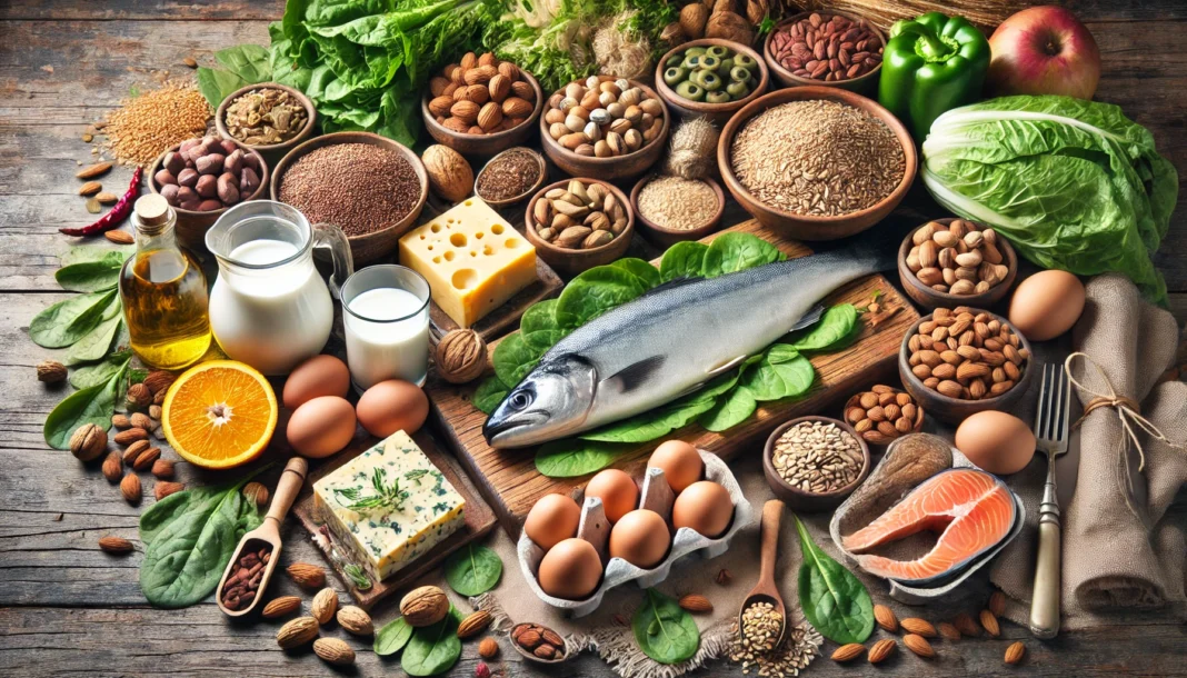 A visually appealing composition of Vitamin B Complex-rich foods, including eggs, dairy, whole grains, nuts, leafy greens, fish, and legumes, arranged on a rustic wooden table under natural lighting.