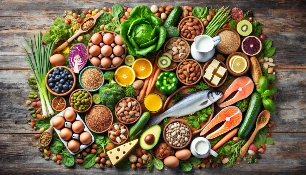 A vibrant display of natural food sources rich in Vitamin B Complex, including eggs, leafy greens, nuts, whole grains, dairy products, fish, and legumes, arranged on a rustic wooden table for a visually appealing and nutritious presentation.