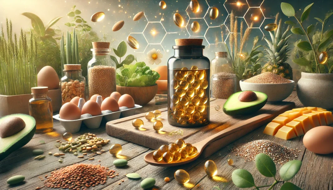 A close-up of a bottle of Vitamin B Complex capsules placed on a wooden surface, surrounded by vitamin-rich foods such as eggs, whole grains, leafy greens, and nuts, with a softly blurred natural wellness background.